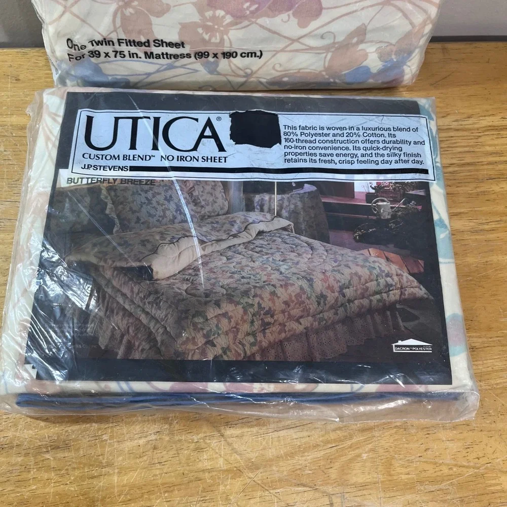 Vtg Utica J.P. Stevens Twin Sheet Set Butterfly Breeze Blue Purple Cream NOS